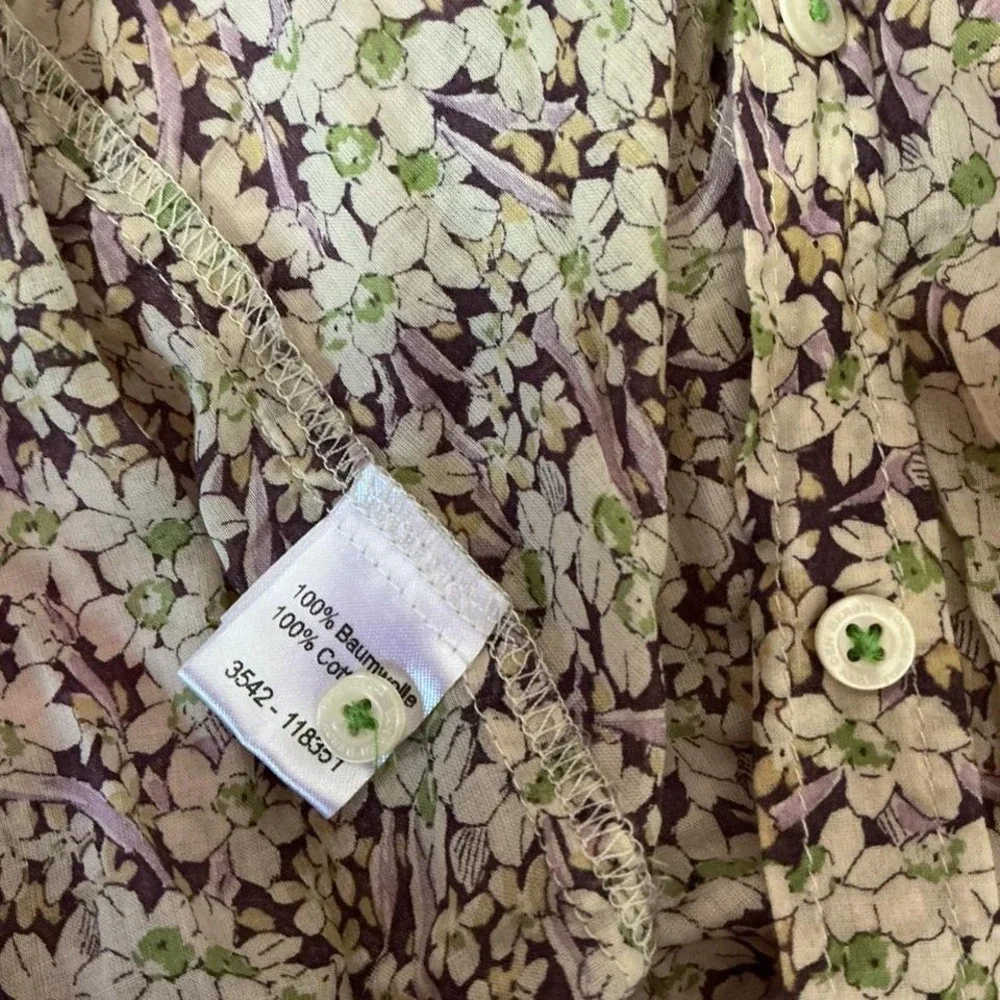 Floral‎ Button Up Shirt Cream Brown Purple Print Long Sleeve Cotton Casual